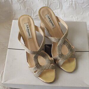 L.K. Bennett London Gold Wedge Sandals Shoes Size 39 Espadrilles